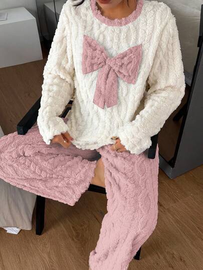 Dream Adore Women's Colorblock Textured Fleece Bow Decor Long Sleeve Top & Pants Fluffy Cozy Pajama Clothes Set, Winter