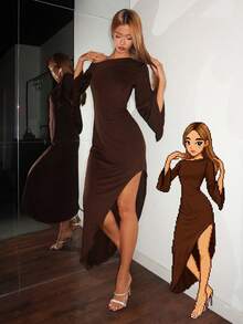 EgrlEra 女士优雅派对纯色斜肩喇叭袖连衣裙 - 咖啡棕 - 查看 1