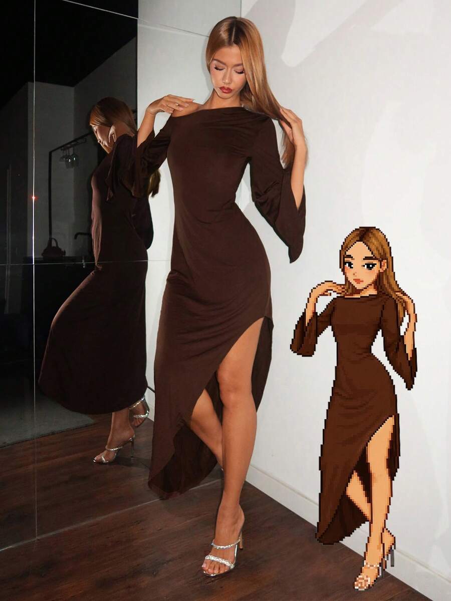 EgrlEra 女士优雅派对纯色斜肩喇叭袖连衣裙 - 咖啡棕 - 查看 1