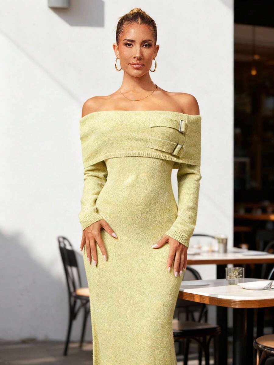 SHEIN Privé Herbst-Winter Feier Party Bankett bescheiden Altgeld Glitzer Feiertags Party Rave Festival Ausflug Urlaub Heiß Outdoor Reichlich geschichtetes Hochzeitssaison Bankett Volljährigkeitsfeier Damen Herbst Off-Shoulder langärmeliges figurbetontes elegantes Strickkleid mit Knopfdesign Off-Shoulder Abendkleid Salbeigrünes Abendkleid Limette Grünes Kleid Damen Langarm Luxus Abschlussball Eid Al-Adha Eid Al-Adha Party Neujahr