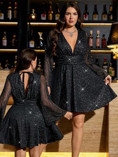 Gownix 大码时尚派对亮片喇叭袖连衣裙