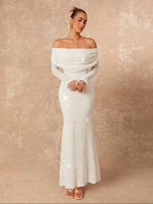 Lumalex Winter Fall Off-Shoulder Ruffle Hem Bodycon Long Sleeve Dress For Women Luxury Prom Gathering Party Banquet Modest Old Money Coquette Glitter Holiday Party Rave Festival Outing Vacation Hot Outdoor Richly Layered Wedding Season Banquet ID Al-Adha Al-Adha Party New Year Sequin Outfit Looks Of Party Gala Night Party Dress For Autumn - Apricot - View 6