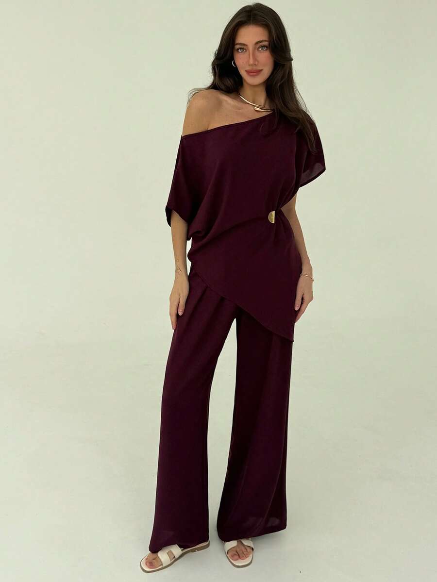 Aloruh 女式纯色不对称肩上衣和裤子两件套