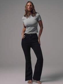 MUSERA Mid Waist Flared Leg Black Wash Silver Button Detail Denim Jeans Mid Rise Casual Fall Autumn Winter Night Out Back To School Office Work Date Night Core Denim Chic