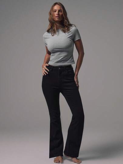 MUSERA Mid Waist Flared Leg Black Wash Silver Button Detail Denim Jeans Mid Rise Casual Fall Autumn Winter Night Out Back To School Office Work Date Night Core Denim Chic Spring Summer