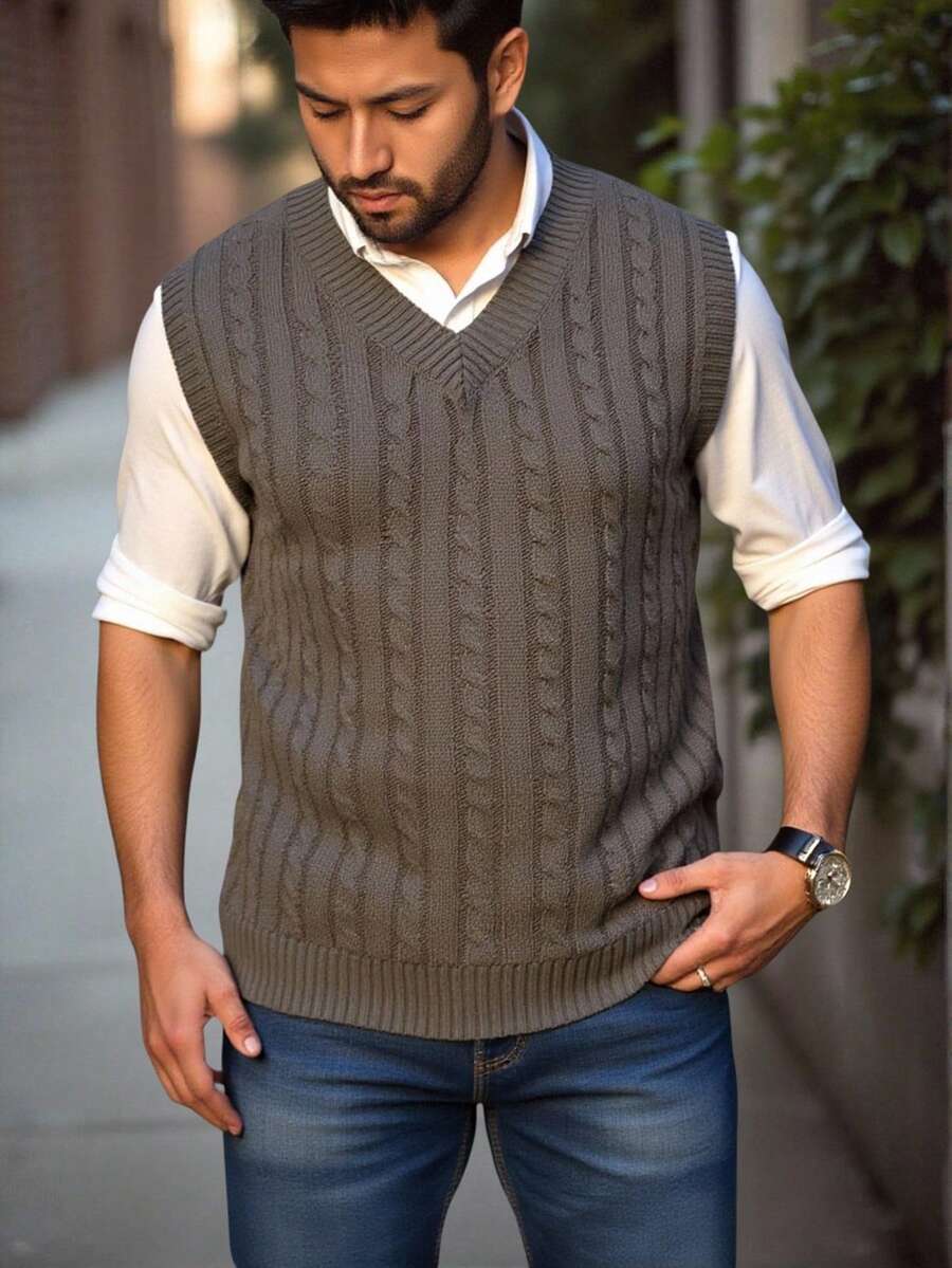 Manfinity Homme Pull sans manches en tricot unicolore col V pour homme grande taille, polyvalent et décontracté. Idéal pour l'automne/hiver