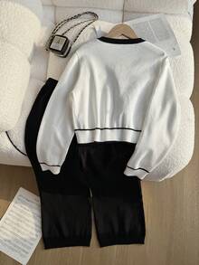 2 件套青少年女孩 V 领手工珍珠纽扣开衫和直筒裤套装，学院风，适合圣诞节、返校季，宽松简约 - 黑與白 - 查看 2