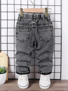 SHEIN Pantalones de mezclilla negros desgastados para bebé niño, pantalones casuales sueltos de estilo coreano - Gris - Ver 2
