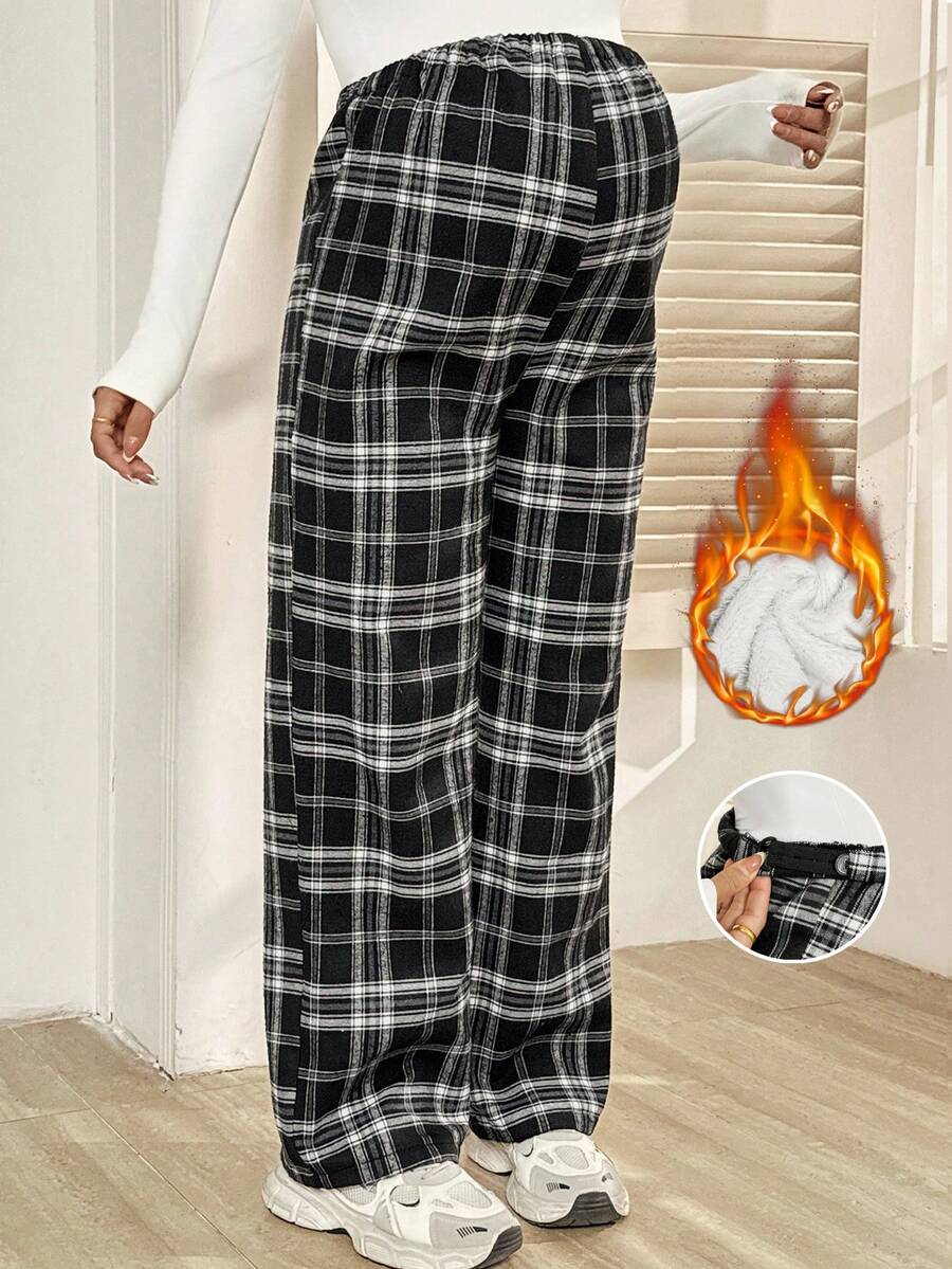 SHEIN 孕妇休闲格子保暖内衬裤，秋冬 - 黑與白 - 查看 1