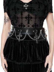 ROMWE Goth 1 件女士链条腰带和裤腰带，黑色单层链条十字装饰哥特风格链条腰带，百搭连衣裙配饰，万圣节 - 黑色單層十字架 - 查看 4