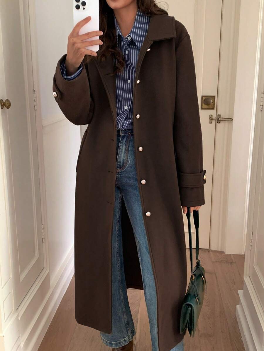 Elyressa Niche New Style Lapel Classic Single-Breasted Overcoat - Coffee Brown - View 1
