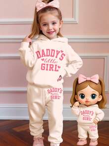 SHEIN Young Girl Happikins 女孩 2件組/套 青少女秋季連帽衛衣與運動長褲套裝，加厚保暖抓絨套裝，家庭款，夏季休閒運動服 - 彩色 - 查看 1