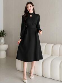 DAZY Women's Elegant Hollow-Out Puff Sleeve Midi Dress, Solid Color, Autumn Elegant,Fall Women Clothes Long Sleeve Dress - Black - View 4