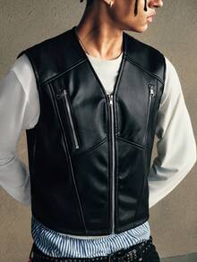AXEPEAK Men's Fashion Casual PU Leather Zip-Up V-Neck Vest - Black - View 7