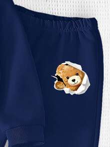 2 Stücke/Set Kleine Jungen Cartoon Bär Muster Rundhals Sweatshirt und Jogginghose, Lässig Mode, Outfit, Kinder Winterbekleidung, Herbst/Winter, Langarm Top, Kleine Jungen Schwarz Rundhals Sweatshirt und Jogginghose Set