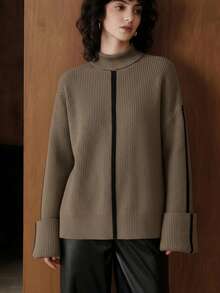 Uhlyne Women Drop Shoulder Contrast Color Folded Cuff High Neck Pullover Sweater, Autumn/Winter Knit Pullover Fall - Camel - View 7