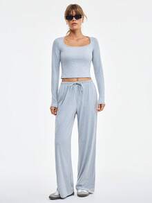 Loungeista 2pcs Women's Solid Color Square Neck Drawstring Casual Loungewear Set - Light Grey - View 4
