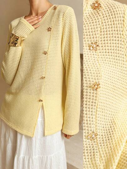 SHEIN Unity Lymera Women's Butter Yellow Asymmetrical Autumn Elegant Business Casual Elegant Side Split Round Neck Plaid Buttons Long Sleeve Soft Bestselling T-Shirt Tops Summer Autumn/Winter For Party Going Out New Year Christmas Thanksgiving Work Office Commuting Occasion