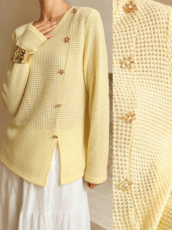 SHEIN Unity Lymera 女士奶油黄不对称秋季优雅商务休闲侧开衩圆领格子纽扣长袖柔软畅销T恤上衣，适合夏季、秋季/冬季派对、外出、新年、圣诞节、感恩节、工作、办公室、通勤等场合。