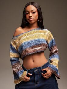 Denimoi Off Shoulder Cropped Striped Pattern Sweater - Multicolor - View 4