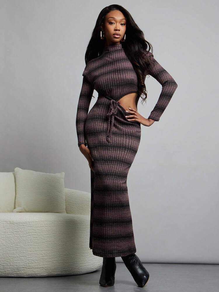 NYA SZN Long Sleeve Cut Out Sweater Dress For Women,Black,Autumn,Seksi Chic,Night Out Wedding Rib Knit Stretch Maxi Length Special Occasion Outfits