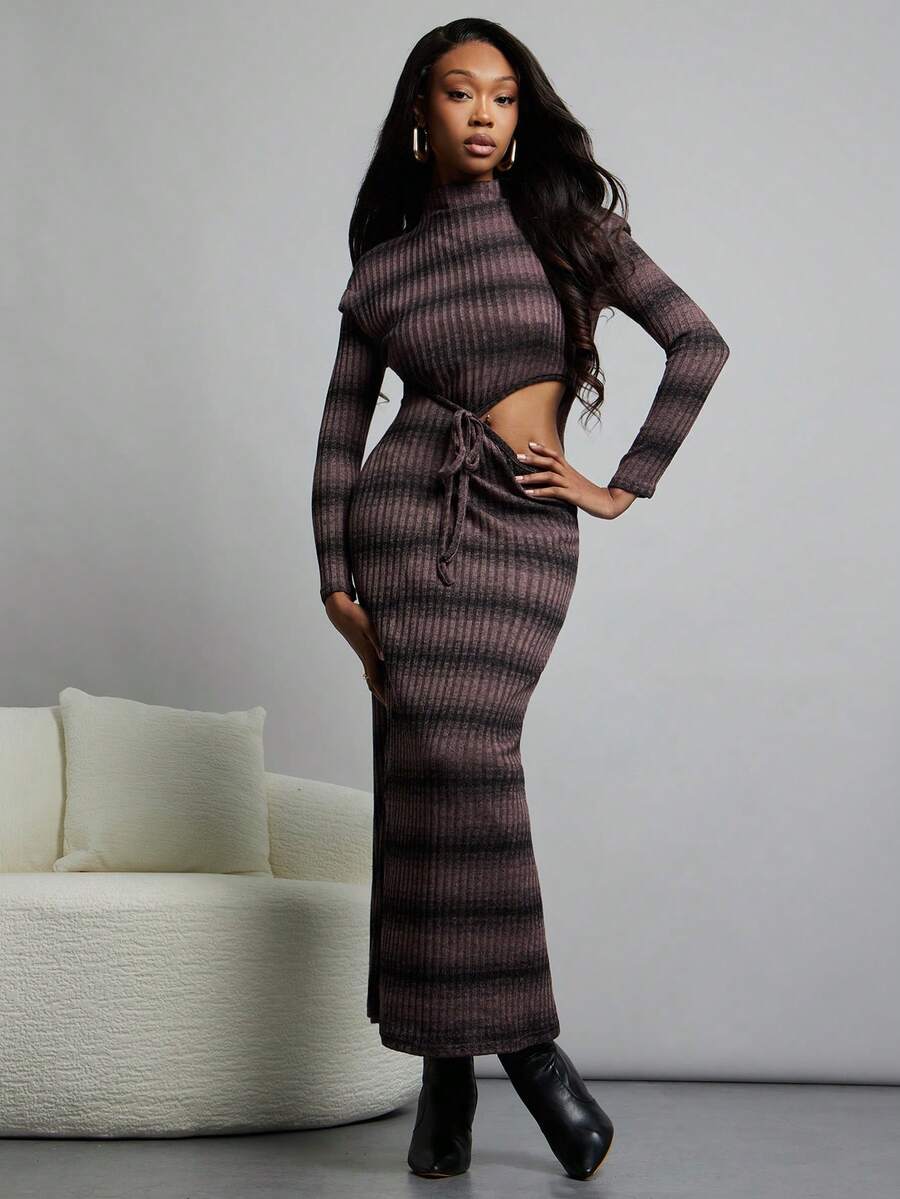 NYA SZN 连衣裙长袖镂空毛衣修身特殊场合活动早午餐伊比沙岛酷女孩浪漫婚礼罗纹针织弹力超长秋冬女装 - 紫色 - 查看 1