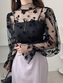 FRIFUL 女士优雅高领花卉网眼透明衬衫，带荷叶边袖子，适合春夏秋季长袖上衣 - 黑色 - 查看 9