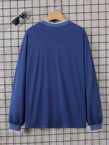 SHEIN 青少年男孩字母印花宽松圆领落肩长袖休闲T恤 - 霧霾藍 - 查看 2