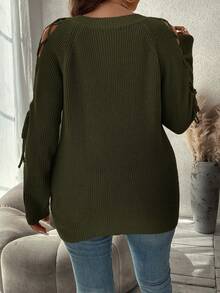 SHEIN Clasi Suéter de manga raglán con cordón para mujer de talla grande para otoño/invierno - Verde militar - Ver 2