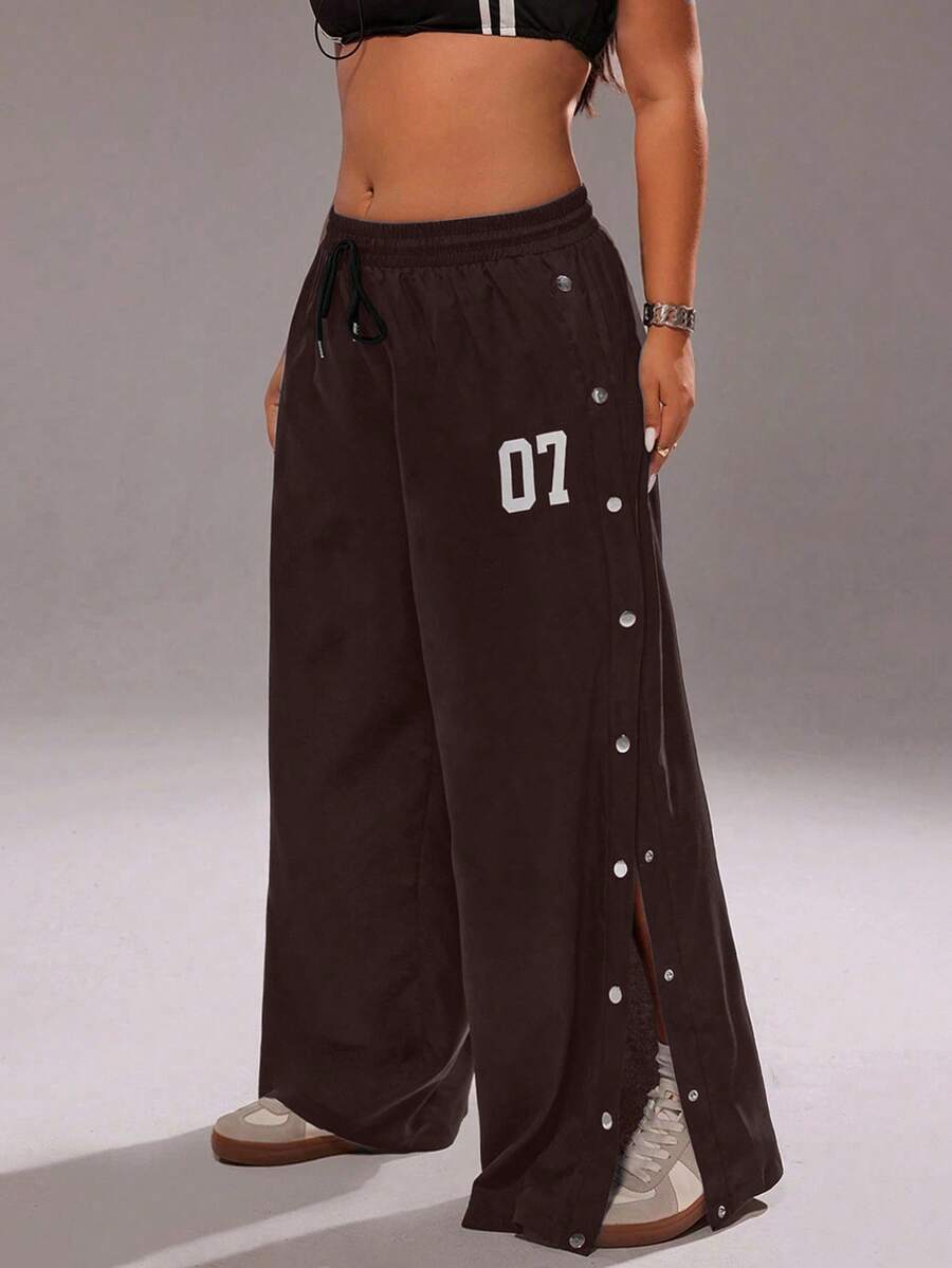 Rustia Damen Große Größen Hose mit Kordelzug in der Taille, lässiger Streetstyle, einfarbig, mit Metallschnalle und Schlitz an der Seite