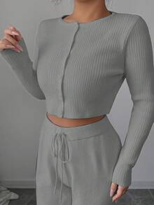 Modelyn Women's Elegant Commuter Solid Color Cropped Cardigan And Knit Pants 2 Pieces Set - Grey - View 4