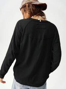 Bohemela Camiseta de manga raglán de cuello redondo de unicolor casual y diaria, talla grande, otoño - Negro - Ver 2