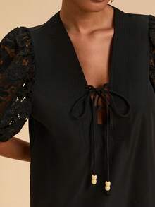 Travachic Women's Solid Color Hollow Out Short Sleeve Dress, Black Lace Dress, French Style Dress With Puff Sleeve, Christmas Party Clothes, New Year Look, Thanksgiving Outfits, Elegant Dresses Party, Luxury Evening Dresses For Weddings, Sexy Club Outfits, Black Lace Sleeve Dress, Puff Sleeve Dress