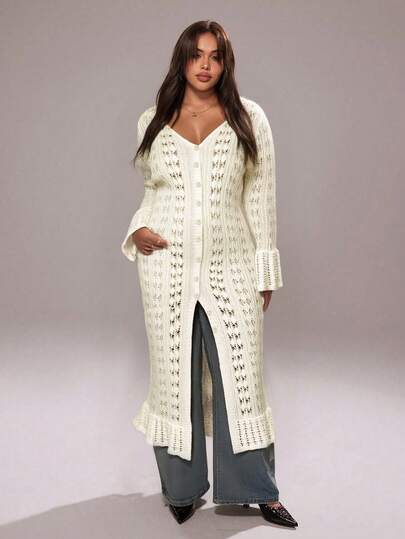 Rustia Casual Long Cardigan, Hollow Out Knit Sweater Cardigan, Bell Sleeve Knit Cardigan, Back To School Season Boho