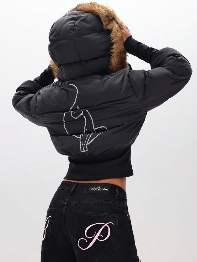 BABYPHAT Kurze Daunenjacke mit Fellkapuze, bestickte Winterjacke, gesteppte Oberbekleidung