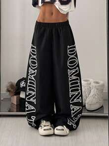 StreetHx 女款街头风格字母印花松紧腰阔腿裤 - 黑色 - 查看 3