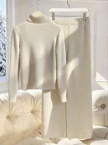 Franclia 2 件套：宽松纯色圆领休闲羊毛运动衫上衣配松紧腰裤 - 杏色 - 查看 2