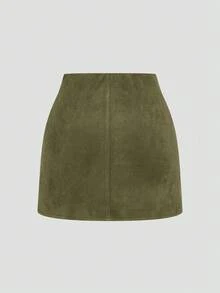 Sweetra Plus Size Suede Pleated Asymmetric Zipper Decor Minimalist Commuter Short Skirt, Autumn/Winter - Olive Green - View 2