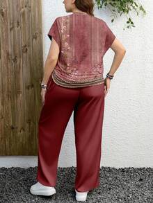 EMERY ROSE 2pcs Plus Size Casual Vintage Floral Pattern Set, Suitable For Summer - Pink - View 2