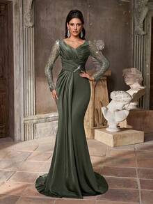 Aureia 优雅奢华装饰纽扣珍珠亮片拼布弹力泳衣针织面料透明袖子褶饰美人鱼裙，适合婚礼、派对、度假、舞会礼服（重度装饰） - 軍綠色 - 查看 6