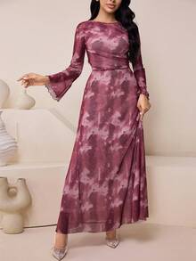 Veilorie 女式优雅扎染印花喇叭袖生菜边褶饰腰部阿拉伯风格连衣裙，春秋装 - 彩色 - 查看 1