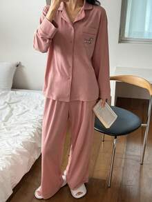 DAZY Conjunto de pijama feminino com estampa de dachshund, blusa de manga comprida com botões e calça, ideal para outono e inverno. - Rosa - Ver 5