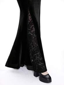 Breakform 哥特风天鹅绒蕾丝黑色蝙蝠洞女式时尚哥特风格植绒网纱拼接弹力腰紧身裙 - 黑色 - 查看 5