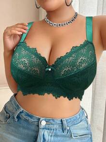 SHEIN 1pc Plus Size Lace Patchwork Underwire Lingerie Bra, Christmas - Green - View 5
