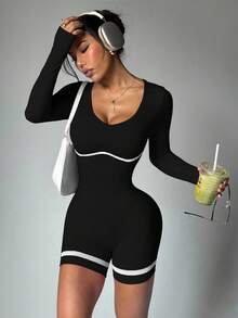 Dewbera 美式性感红色长袖白条纹拼布露背连体裤 - 黑色 - 查看 5