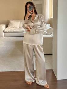 DAZY Set Piyama Wanita Motif Satin Dekoratif, Pakaian Musim Dingin - Khaki - View 5