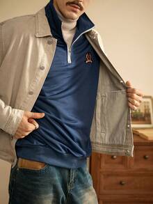 RivetRise Men's Autumn Khaki Embroidered Pocket Denim Jacket, Fashionable Casual Bomber Vintage Mens Jacket - Khaki - View 8