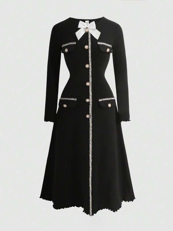 SHEIN Teen Girl Elegant Round Neck Long Sleeve Color Block Bowknot Decor Knit Dress