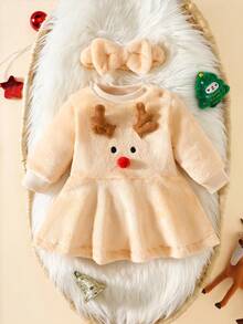 SHEIN Neugeborenes Baby Rentier Plüschkleid, süßes Geweih- und Rotnasen-Design, weiches, flauschiges Material warm und hautfreundlich, mit Stirnband, kuschelige Stoffe warm und hautfreundlich, festliche Stimmung, elegante Kleider für Baby Mädchen