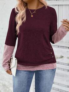 EMERY ROSE 女式休闲圆领长袖侧褶大纽扣装饰设计加大码 T 恤，秋冬 - 中紫紅色 - 查看 1